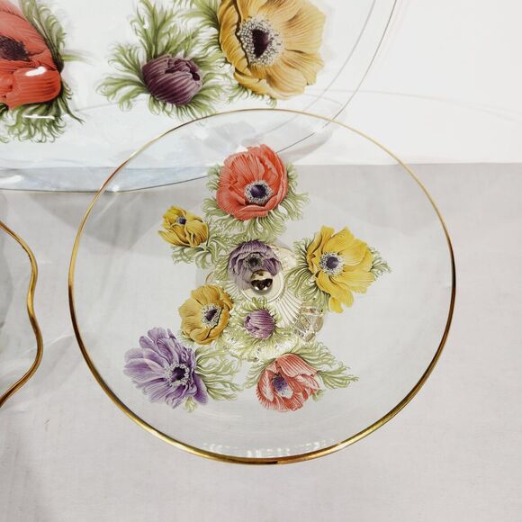 Chance Glass England Lot of 3 Anemone Floral Painted Serving Plate Pedestal Vtg - Picture 4 of 13